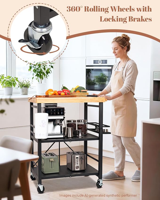 Mythinglogic Foldable Kitchen Cart with Wheels, Rolling Kitchen Island with Wood Top, 3-Tier Microwave Stand Coffee Bar Cart with Side Storage Rack, Black - Image 7