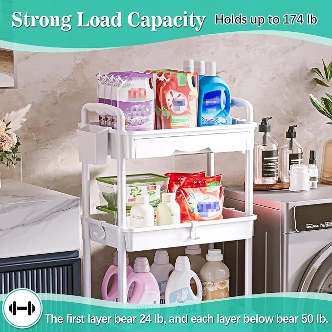 SUNALLY 4 Tier Rolling Cart with Drawer, Craft Storage Cart Organizer,White | Bathroom Storage Organizer with 2 Lockable Wheels, Rolling Utility Cart for Kitchen, Office, Baby, Makeup, Nail,Snack,Laundry - Image 5