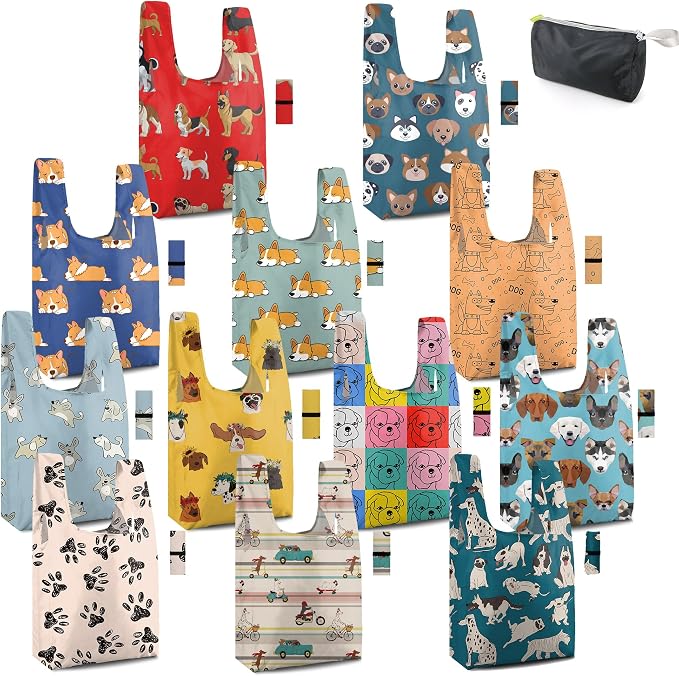 BeeGreen Animal Reusable Grocery Tote Bags 12 Pack, Heavy Duty Large Capacity Reusable Shopping Bags, Sturdy Machine Washable Foldable Bag for Travel Beach Storage Holiday Gift Bag with Handles​ by BeeGreen