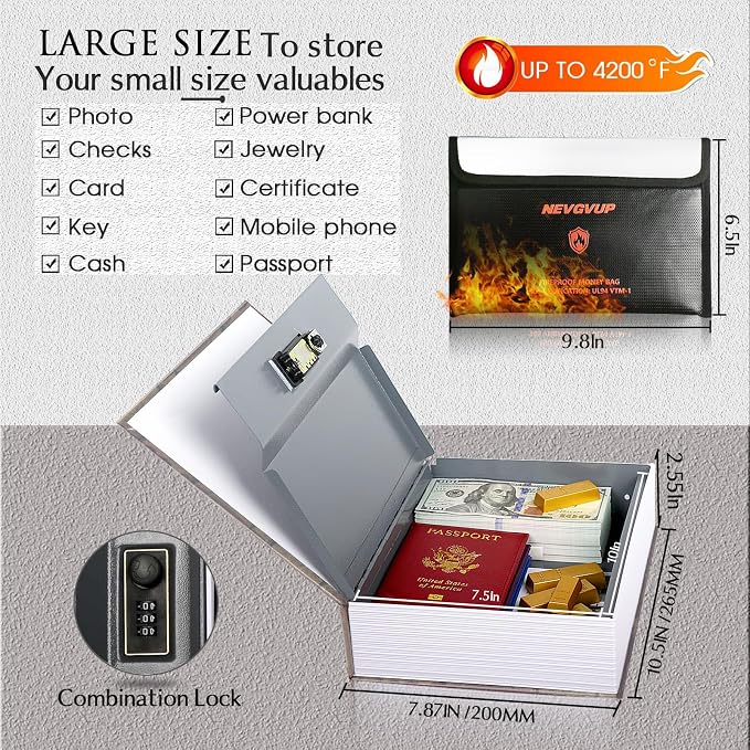 Diversion Book Safe with 4200°F Fireproof Money Bag and Combination Lock, 10.5" x 7.9" x 2.5" Fake Book Hidden Storage Safe, Hollow Secret Portable Metal Storage Box for Cash, Valuables - Image 2
