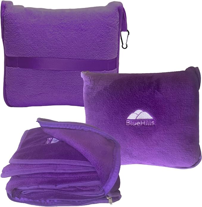 BlueHills Premium Soft Travel Blanket Plush Airplane Long Flights - Purple | Plane Travel Throw Blanket/Pillow, Luggage Strap, Carabiner, Large Compact & Portable, Long Flight Essentials, Travel Gifts by BlueHills