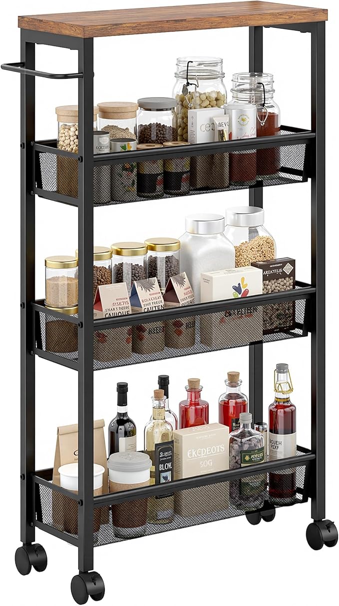 VECELO 4 Tier Slim Rolling Cart Organizer, Rolling Carts On Wheels with Storage, Sturdy Metal Frame Narrow Cart with Handle, Space Saving for Kitchen, Bathroom, Laundry, Rustic Brown by VECELO