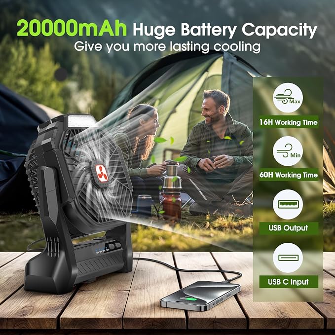 Portable Rechargeable Fan, 20000mAh Cordless Battery Powered Camping Fans | with LED Lantern Operated Outdoor Ventiladores for Travel Tent Camp Fishing Office Home Essentials Black - Image 2