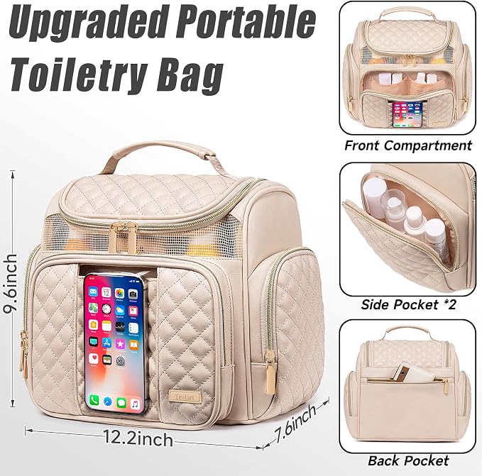 Large Leather Toiletry Bag for Women Men,Bathroom Bag,Water Resistant Shower Bag,Makeup Bag,Portable Shower Caddy for College Dorm,Hanging Travel Toiletry Bag with Transparent Waterproof Phone Pocket - Image 4