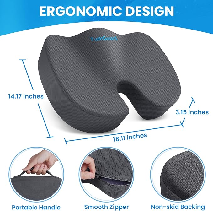 Seat Cushion for Office Chair, Memory Foam Chair Cushion, Gray | Office Chair Cushion for Car, Airplane - Chair Pad for Long Sitting Sciatica, Hip, Coccyx,Tailbone Pain Relief, Butt Pillow - Image 2