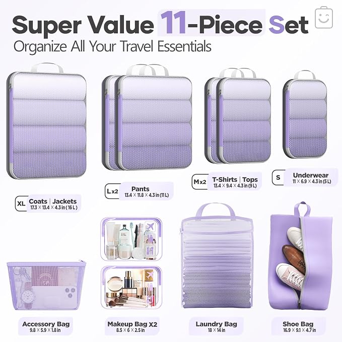 Veken 11 Set Compression Packing Cubes Garment Bags for Travel Essentials,Compressible Expandable Luggage Organizer Bags for Clothing,Space Saver Bags with Over 1000 pcs of Mesh Holes(Light Purple) - Image 2