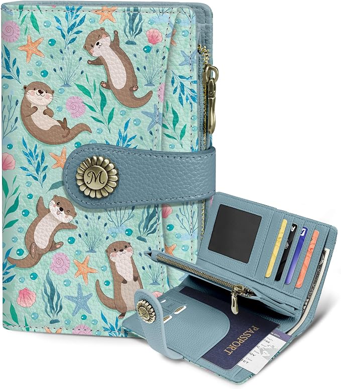 Otter Wallet Women RFID, Cute Passport Holder, Credit Card Holder | 6.7" x 4.4" x 1.3" Bifold, Travel billfold, Zipper Pocket, PU Leather, Clutch, Purse, ID Window, Pen Holder, Gift Ladies Girl by Mavellin