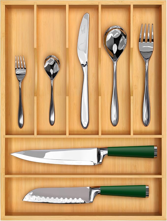 ROYAL CRAFT WOOD Luxury Bamboo Utensil Rack and Silverware Organizer, Kitchen Drawer Organizer - Utensil Holder and Cutlery Tray with Grooved Drawer Dividers for Flatware 7 Slot, Natural by ROYALCRAFTWOOD