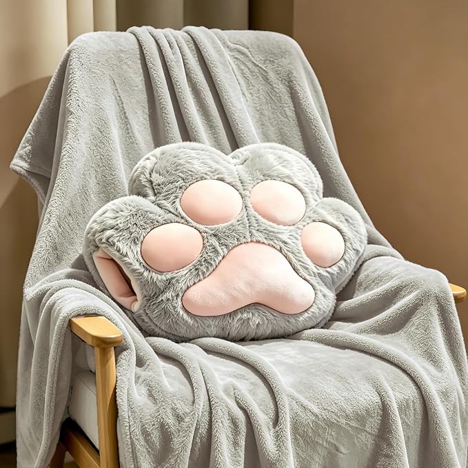 RYOLOY Cat Paw Warm Hand Pillow,with 66 * 35Inch Travel Blanket,2 in 1 Travel Pillow and Blanket Set,for Car Office Camping Essentials (Grey) - Image 3