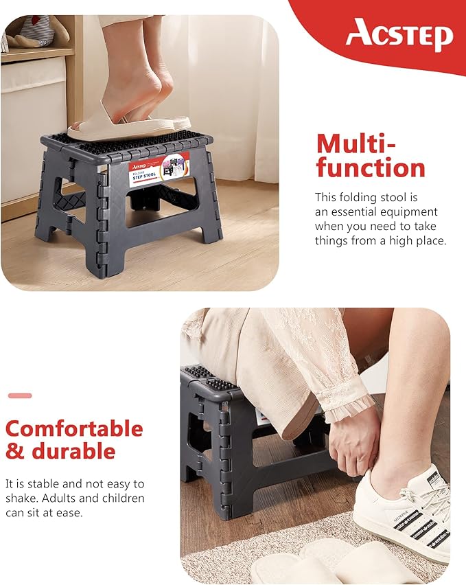 Folding Step Stool 9 inch Height Non-Slip Plastic Step Stools for Kids and Adults, Kitchen Collapsible Fold Up Small Stepping Stool Grey,1 Pack | Portable Foldable Stools, Heavy Duty Collapsible Foot Stool, Holds 300 lb for Adults Kitchen Bathroom Outd... - Image 3