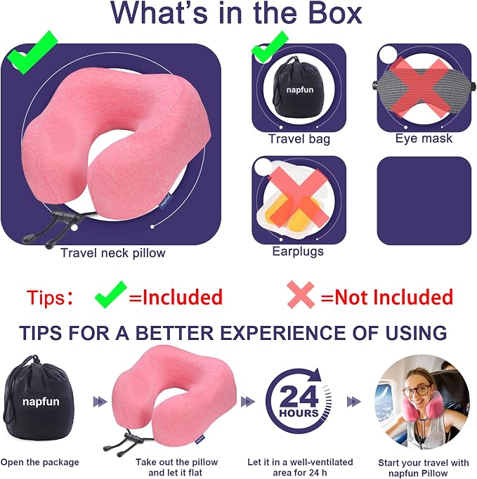 napfun Neck Pillow for Travel, Memory Foam Airplane Pillow, Rose | 360° Neck Support, Upgraded 100% Memory Foam for Airplane, Car, Train, Bus, Office Sleep, Travel Essentials for Long Flights - Image 6