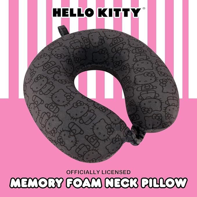 FUL Hello Kitty Neck Pillow, Black | All Over Print Memory Foam Travel Accessories for Airplane, Car and Office, Comfortable and Breathable - Image 2