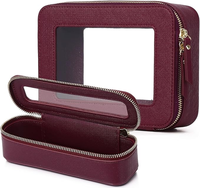 Pinkmik Travel Clear Makeup Bag (Burgundy, M+SLIM) | Brush Case, TSA Approved Toiletry Bag, Waterproof Cosmetic Organizer with Zipper, Car Essential for Women by Pinkmik