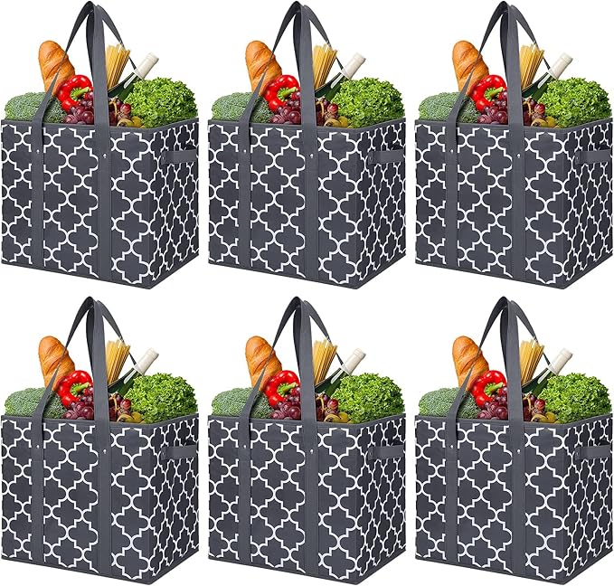 Reusable Grocery Bags 6Pack Foldable Washable Large Storage Bins, Dark Grey | Water Resistant Shopping Tote Bag Bins by WiseLife