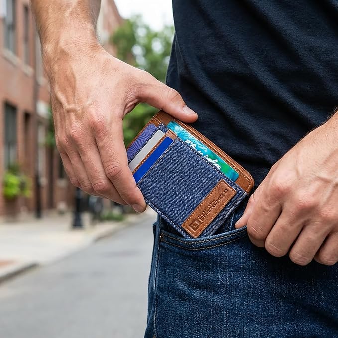 ID Stronghold RFID Blocking Front Pocket Wallet – Slim Minimalist Genuine Leather Wallet with Zipper Coin Pocket (Denim) - Image 5
