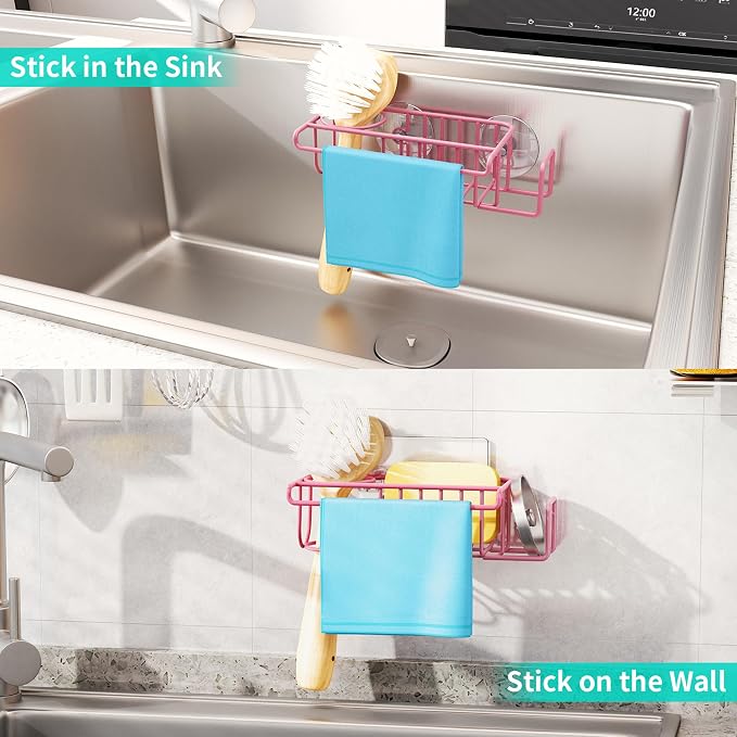 HapiRm Sink Caddy Sponge Holder - No Drill Sponge Holder for Kitchen Sink, Rustproof and Waterproof Kitchen Organizer - Pink - Image 4