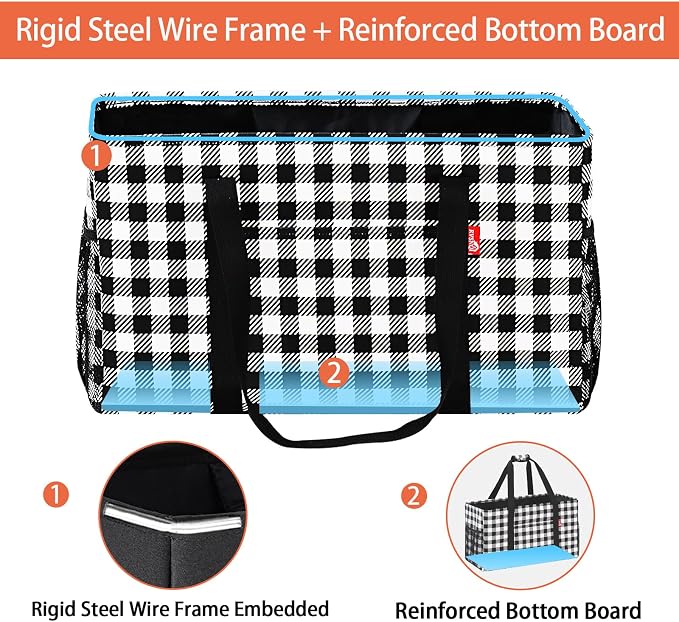 Extra Large Utility Tote Bag, Foldable Reusable Grocery Bags with Metal Wire Frame & Reinforced Bottom Board, Stand up Large Utility Tote for Groceries, Beach Bag, Laundry, Car (Cube Plaid) - Image 4