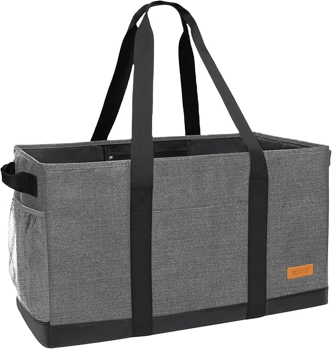 WONDAY X-Large Utility Tote Bag, Standing Reusable Grocery Bag | 22x11x13.5in, 50L capacity, holds 100lbs, collapsible, fabric with leather bottom, for beach travel storage by WONDAY