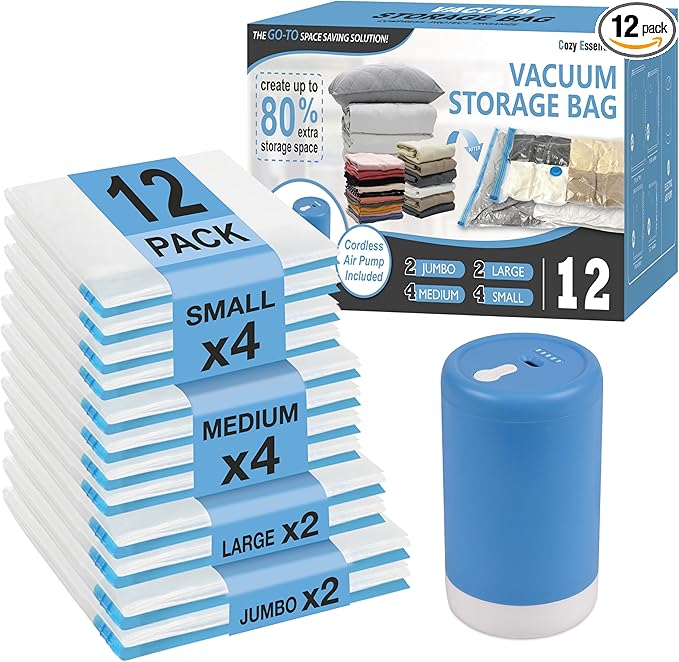 Cozy Essential Travel Vacuum Storage Bags with Rechargeable Cordless USB Pump, Space Saver Bags for Luggage, Suitcase, Carry-On, for Clothes, Blankets, Bedding & Seasonal Storage,12 Combo by CozyEssential