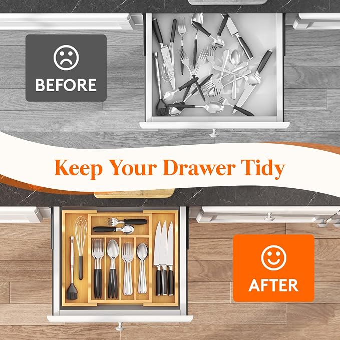 Lifewit Silverware Drawer Organizer, Wooden Utensil Tray for Kitchen | Expandable Flatware and Cutlery Holder, Adjustable Storage for Spoons Forks Knives, 9.4-15.7x13", Natural - Image 7