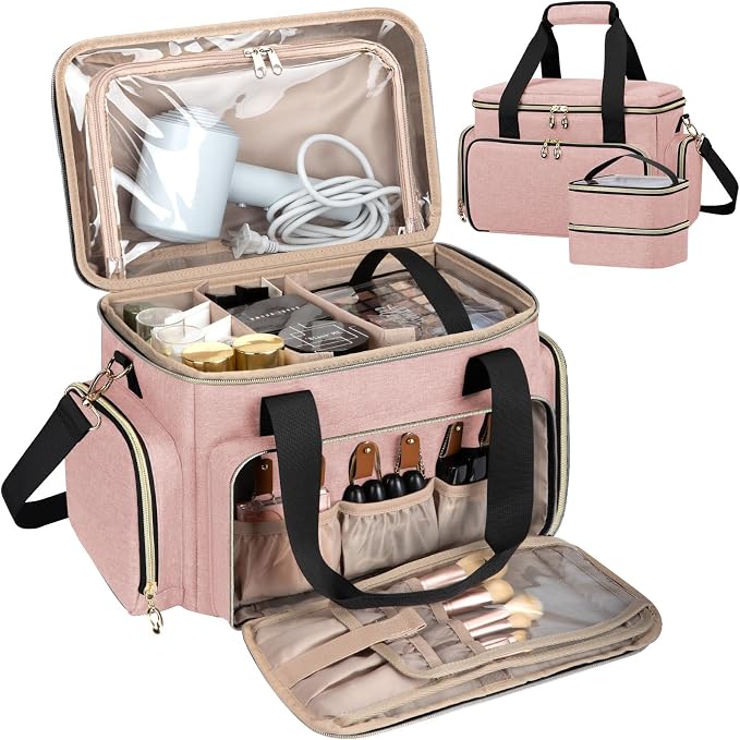 GDNasist Large Makeup Bag, Portable Travel Makeup Bag Organizer | Cosmetic Travel Bag for Women Girls with 2 Removable Pouches & Detachable Dividers, Toiletry Bag for Makeup and Hair Supplies by GDNasist