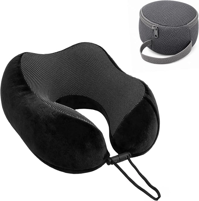 Travel Neck Pillow, Premium Memory Foam, Travel Pillow for Flights, Neck Pillow for Travelling, Ergonomic Neck Support Cushion, Lightweight & Washable Cover (Black - U-Shape) by SHAAFLY