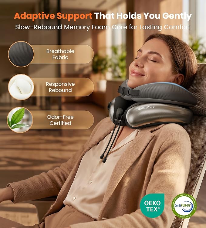 Neck Pillow for Traveling, Travel Pillows for Airplanes, Adjustable Neck Pillow Airplane Travel Essentials - 2 Layer Patented | Inflatable Air Loop & Memory Foam for 360° Ergonomic Support - Image 7
