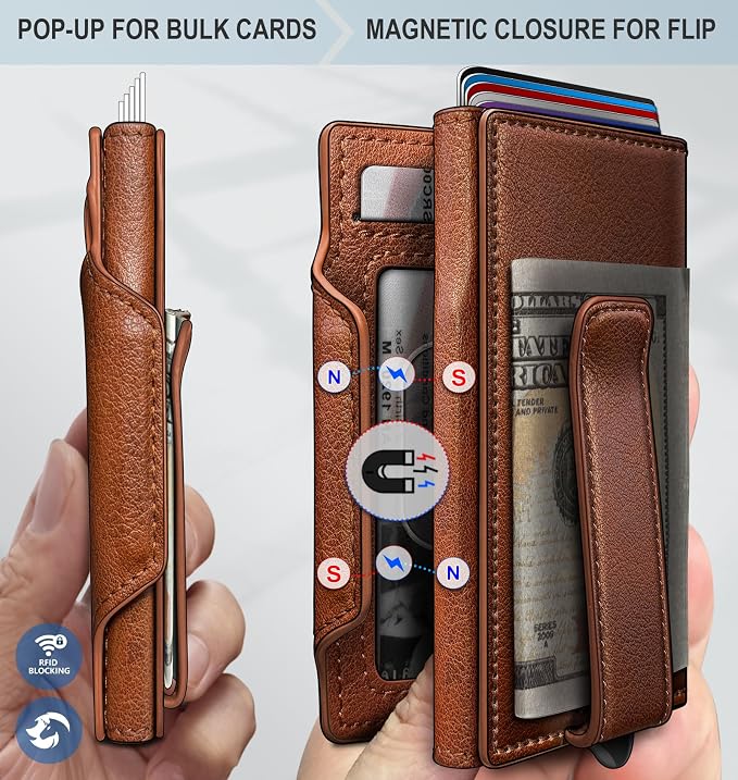 Wallet for Men, Slim Pop Up Card Holder with RFID Blocking, Minimalist Bifold Wallet with 10 Card Slots, 2 ID Window and Money Clip, Metal Flip Case with Magnetic Closure, Gift Box - Image 3