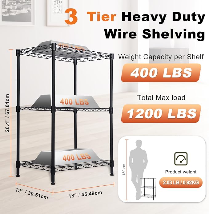 Whitmor 3 Tier Storage Shelves, Heavy Duty Metal Shelving, 400 lbs Capacity per Shelf, 1200 lbs Total, Easy Assembly for Kitchen, Garage, Plant, 18" L x 12" W x 26.4" H, Black - Image 2