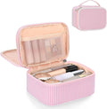 Relavel Small Pink Cosmetic Bag with 2 Makeup Brush Holders, Pink Strip | 2-Layer Travel Makeup Bag, Portable Compact Makeup Pouch for Women, Cute Toiletry Bag with Double Layer Organizer by Relavel