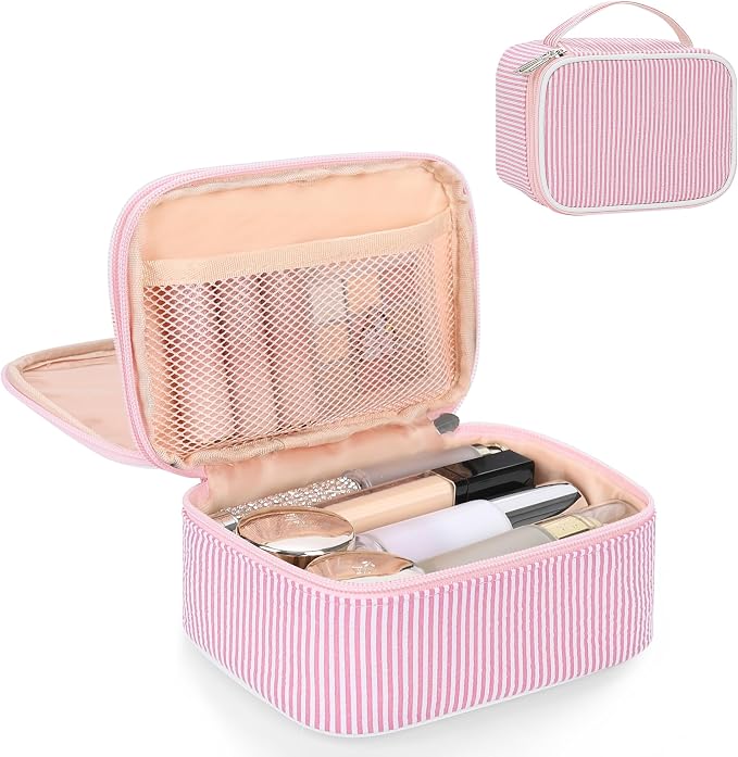 Relavel Small Pink Cosmetic Bag with 2 Makeup Brush Holders, Pink Strip | 2-Layer Travel Makeup Bag, Portable Compact Makeup Pouch for Women, Cute Toiletry Bag with Double Layer Organizer by Relavel