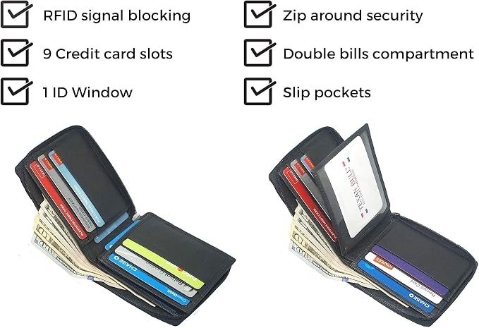 RFID Men's Leather Zipper wallet Zip Around Wallet Bifold Multi Card Holder (Black) - Image 4