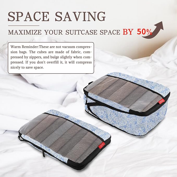 U+U 6 Set Compression Packing Cubes, Travel Organizers (Blue Flower) | Space-Saving & Drawstring Bag Included - Image 3