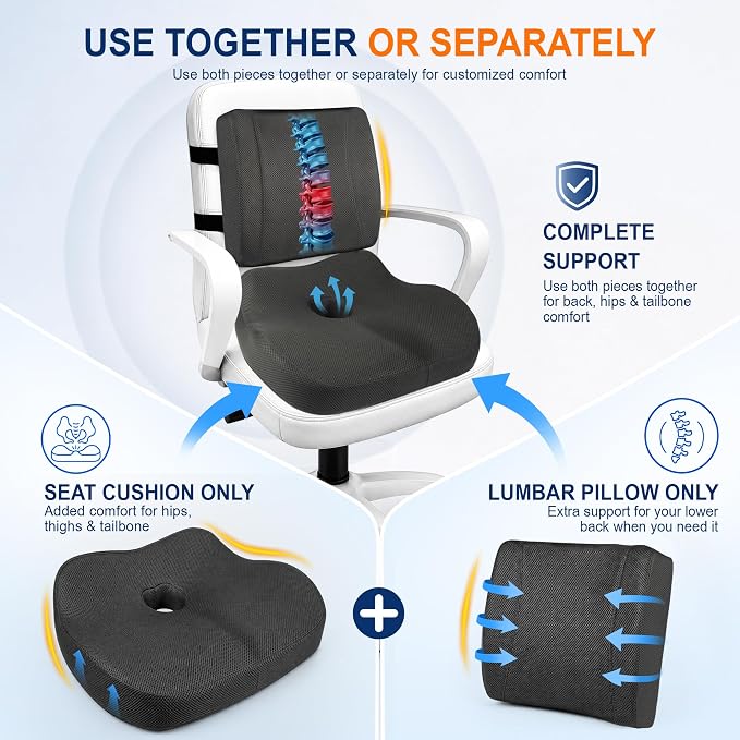 Allaboutsla Car Seat Cushion and Lumbar Back Support Pillow Set for Driving | Memory Foam Car Seat Cushions, Back Support for Car, Car Cushion for Height, Pressure Relief for Trucks, Office Chairs, Black - Image 5