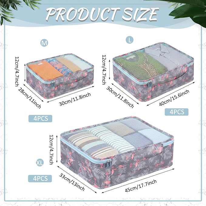 Silkfly 12 Pcs Packing Cubes for Suitcase Travel Luggage Bags Bulk Mesh Organizer Set for Hiking Camping(XL, L, M,Flamingos,Pink,Blue) - Image 2