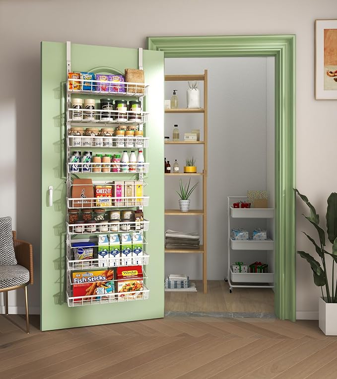 Mefirt Over The Door Pantry Organizer, Wall Mount Spice Rack 8-Tier White | Pantry Hanging Storage and Organization, Adjustable Baskets Heavy-Duty Metal for Home & Kitchen, Back of Door Seasoning Rack - Image 5