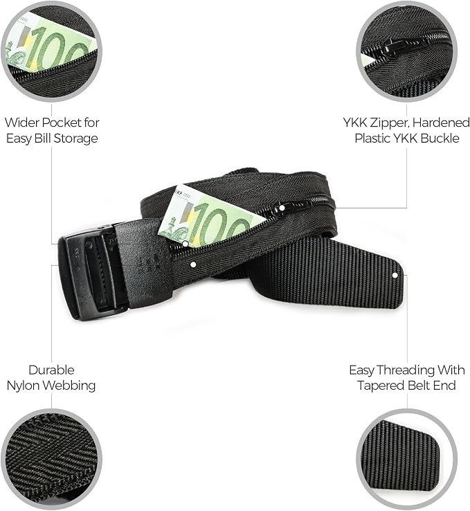 Zero Grid Black Travel Security Belt, Hidden Zippered Pockets to Carry Cash | Anti-Theft Concealable Design with Zipper Pocket for Cash, Card, Accessories, Adjustable Fit for Men and Women - Image 8