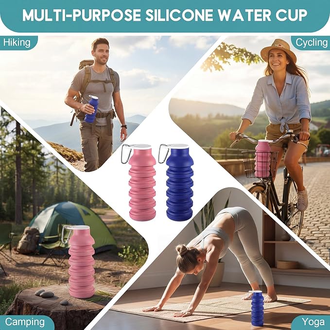 LemonRoad 2 Pcs 20 oz Portable Collapsible Water Bottles Reusable Silicone Foldable Water Bottle Lightweight Leakproof Expandable for Gym Traveling Camping Hiking Sports (Pink,Navy Blue) - Image 6