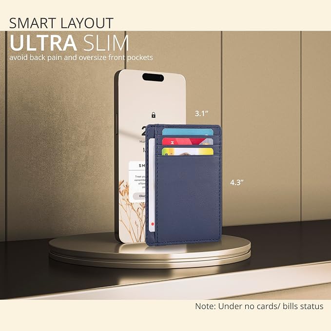 Nappa Navy Leather Slim Minimalist RFID Blocking Front Pocket Wallet, Card - Image 3