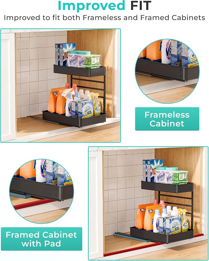 EVERIE Metal Pull Out Slide Shelf Organizer for Under Sink Organization in Kitchen, Bathroom, Counter, Cabinets, Minimum Available Space 13" Wide x 16.5" Deep (Black, 1 Set) - Image 9