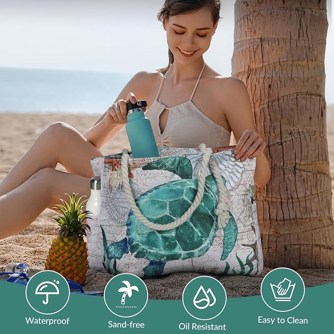 Clothirily Beach Bag for Women, Large Beach Tote Bag Waterproof with Zipper | Large Capacity Swim Pool Bag, Inner Pockets, Sandproof Foldable Beach Tote for Travel Essentials - Image 6