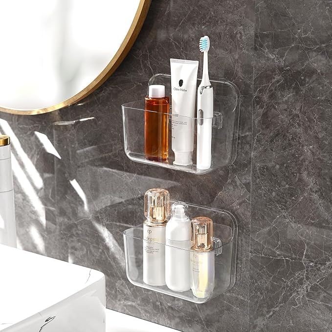 2 Pack Adhesive Cabinet Door Organizer, Compact Kitchen Under Sink Organizer, Clear Lid Storage Container for Pantry Shelves, Wall Mounted Bathroom Shower Caddy Hanging Closet Organizer - Image 7