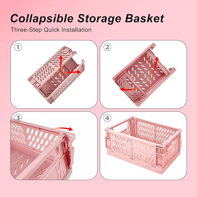 2 Pack Mini Foldable Small Plastic Baskets for Organizing and Storage，Collapsible Storage Crates,Mini Bins for Home Kitchen Bedroom Bathroom Office (Pink, Large 10x6.5x4) - Image 4