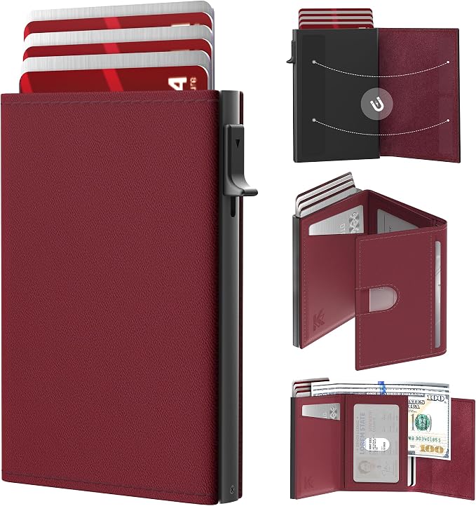 Small Wallet for Women: Slim Pop-Up Card Holder with RFID Blocking, ID Window and Cash Slot for Small Bags, Wine Red by Unknown