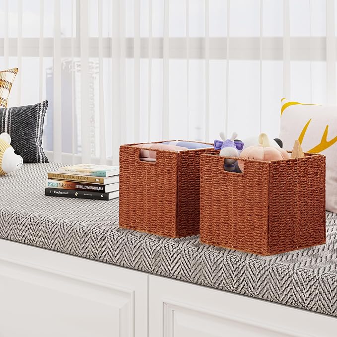 Wicker Storage Basket, Set of 2 Hand-Woven Paper Rope Wicker Baskets, Foldable Cube Storage Bins, 11 inch Storage Basket, Square Baskets for Organizing Shelves & Decor, Orange (11″×11″×11″) - Image 9