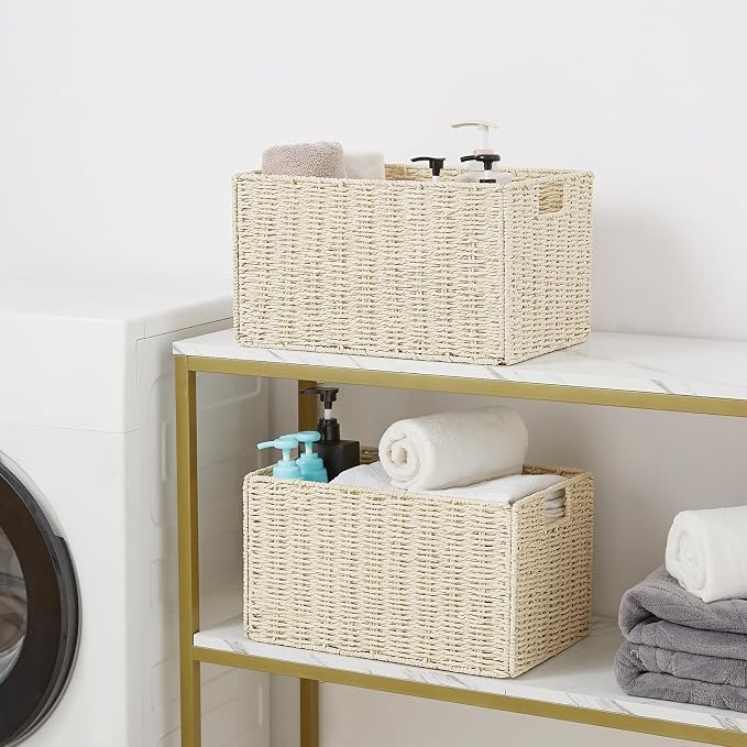 Wicker Storage Basket, Set of 2 Hand-Woven Paper Rope Wicker Basket, Small Storage Baskets for Organizing Toilet Paper Baskets, Foldable Large Cube Storage Organizer Bin for Shelves (Beige) - Image 7