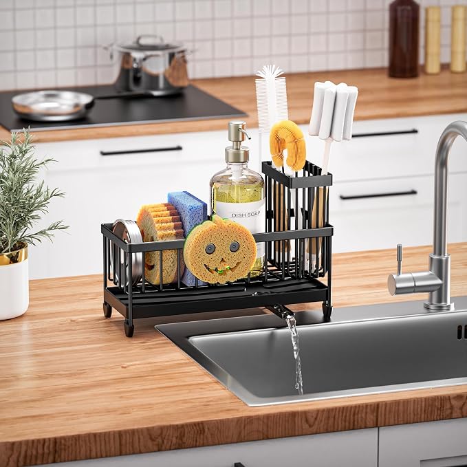 Cisily Sponge Holder for Kitchen Sink, Sink Caddy Organizer with High Brush Holder, Kitchen Countertop Organizers and Storage Essentials, Rustproof 304 Stainless Steel (Black with Smiley Face, 9.25″) - Image 6