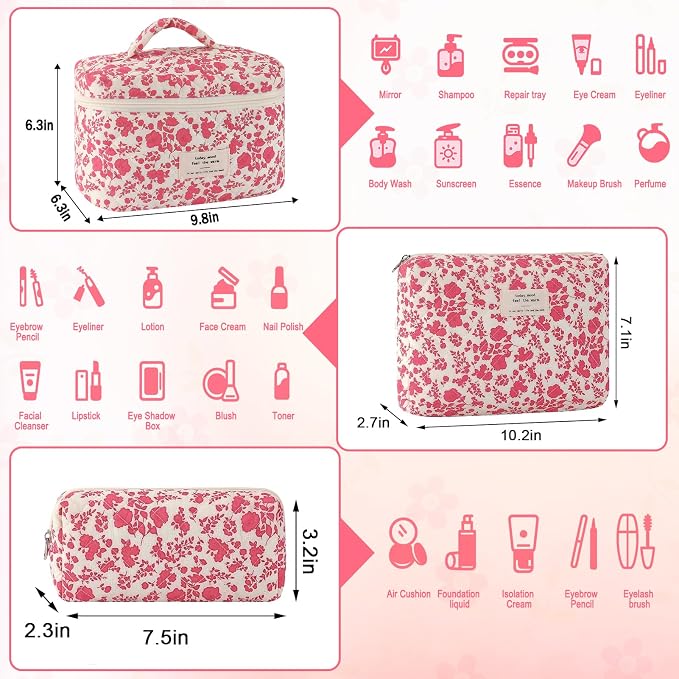 URSKYTOUS 3Pcs Cotton Quilted Makeup Bag for Women Large Small Travel Cosmetic Bag Set Cute Pink Floral Print Makeup Pouch for Purse Portable Skincare Bags Coquette Vintage Puffy Travel Essential - Image 2