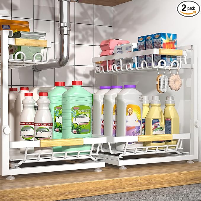 2-Pack 2-Tier Height Adjustable Under Sink Organizer & Storage | Multi-purpose storage for kitchen & bathroom cabinet. Large white shelf, height adjustable design for space-saving. by Sevenblue