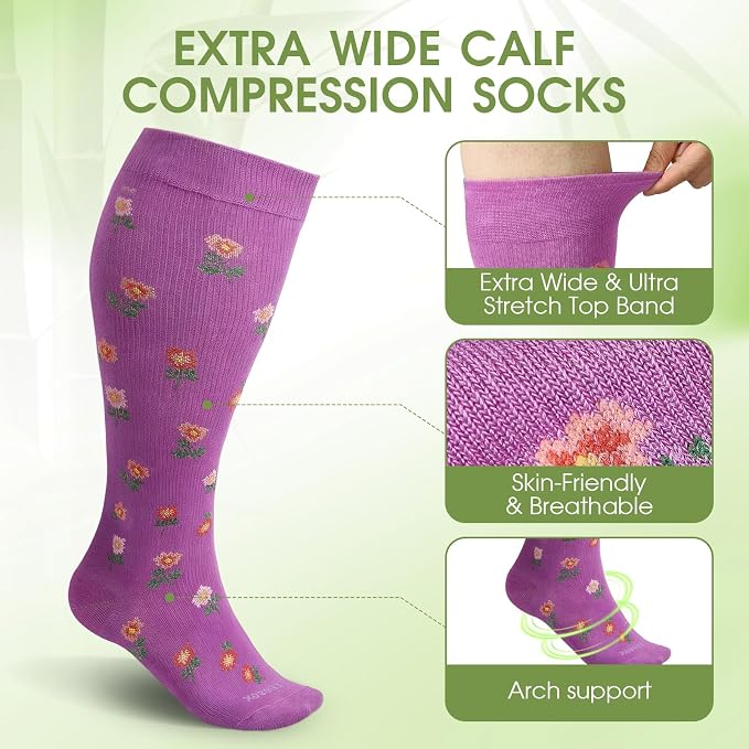 LEVSOX Wide Calf Compression Socks for Women&Men Plus Size 15-20mmHg Knee High Large Support Stockings for Circulation - Image 4